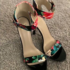 Floral print strappy heels
